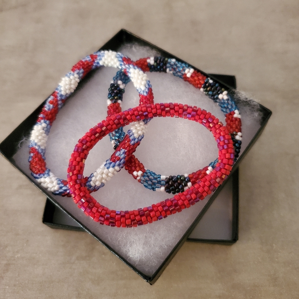 3 Hand Crocheted Seed Beaded Multi Color Roll On Bracelet